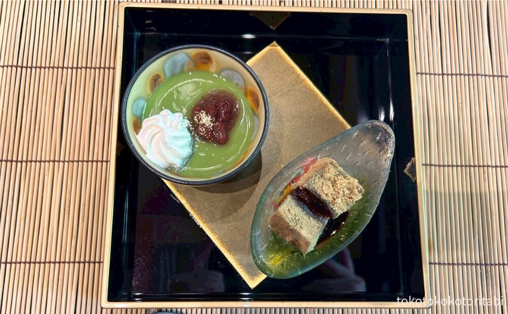 甘味：抹茶プリンとわらび餅