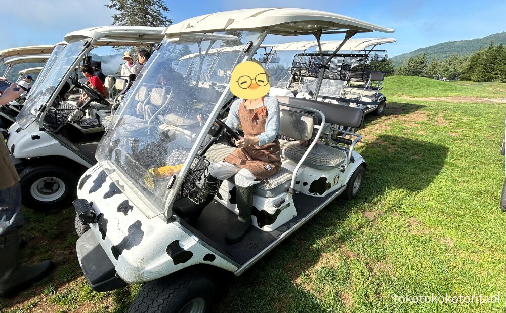 牛柄のカートに乗車！