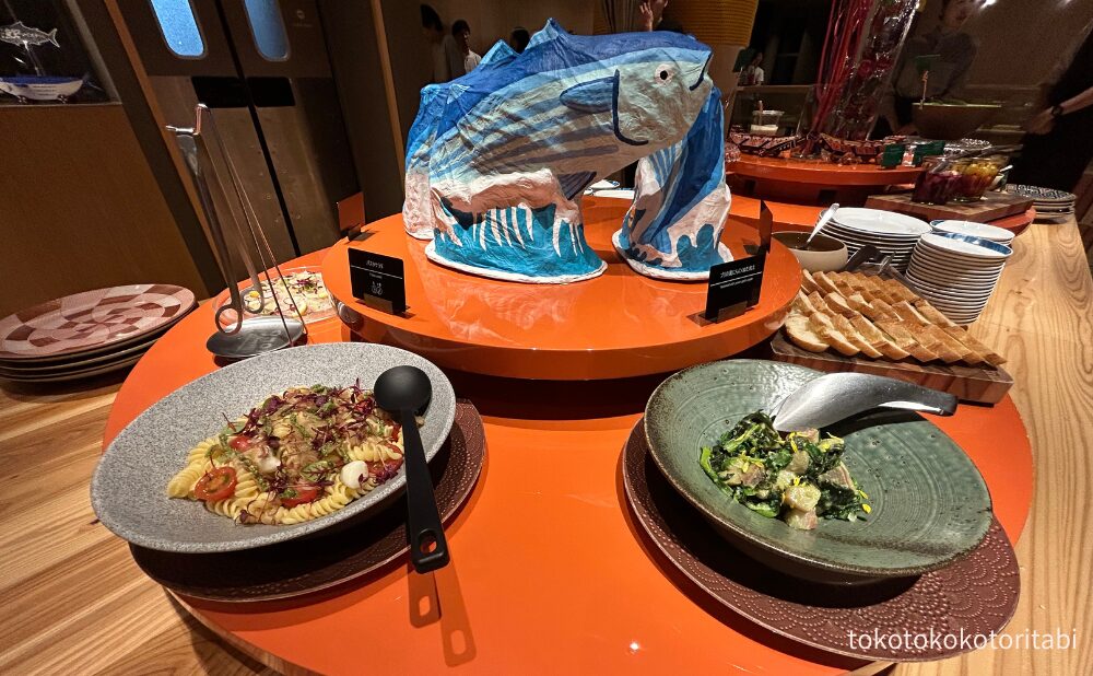 パスタサラダ/ブリの葉にんにくぬた和え/しらすのブルスケッタ