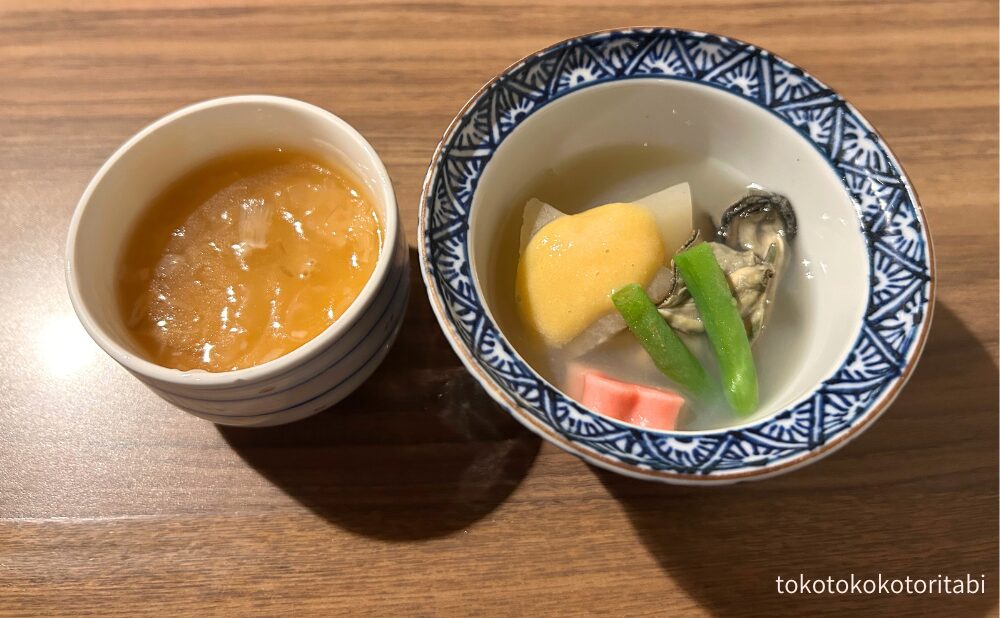 白子と鱶鰭の茶わん蒸し/牡蠣大根