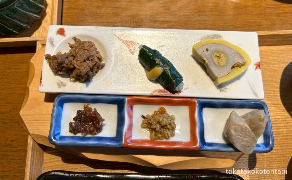 牛しぐれ煮/一文字ぐるぐる/辛子蓮根/昆布梅/もろみ/利休牛蒡