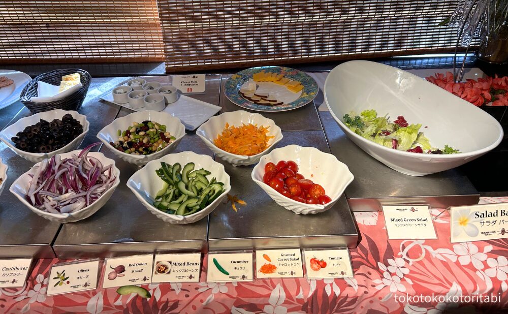オリーブ/赤玉ねぎ/ミックスビーンズ/きゅうり/チーズの盛り合わせ/キャロットラペ/トマト/ミックスグリーンサラダ