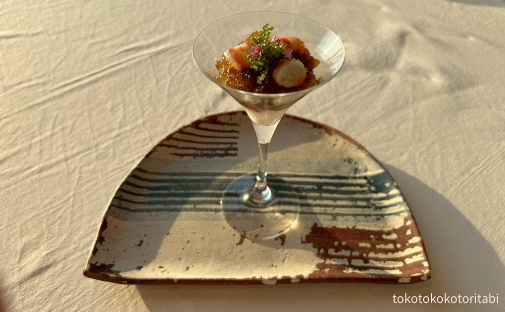 アーサと海ぶどう、車海老の冷前菜