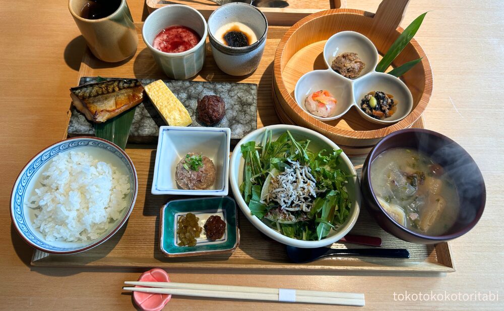 自家製ヨーグルト/自家製豆腐/鯖の柑橘みりん干し/だし巻き玉子/ちんちん揚げ/牛しぐれ煮/彩なます/ひじき煮/白米/鯵のなめろう/刻みわさびしょうゆ漬け/昆布梅/縮緬雑魚と海藻のサラダ/なまり節のおつけ